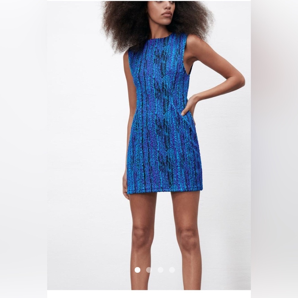 Zara Size M Blue Sleeveless Textured Bodycon Mini Dress New!